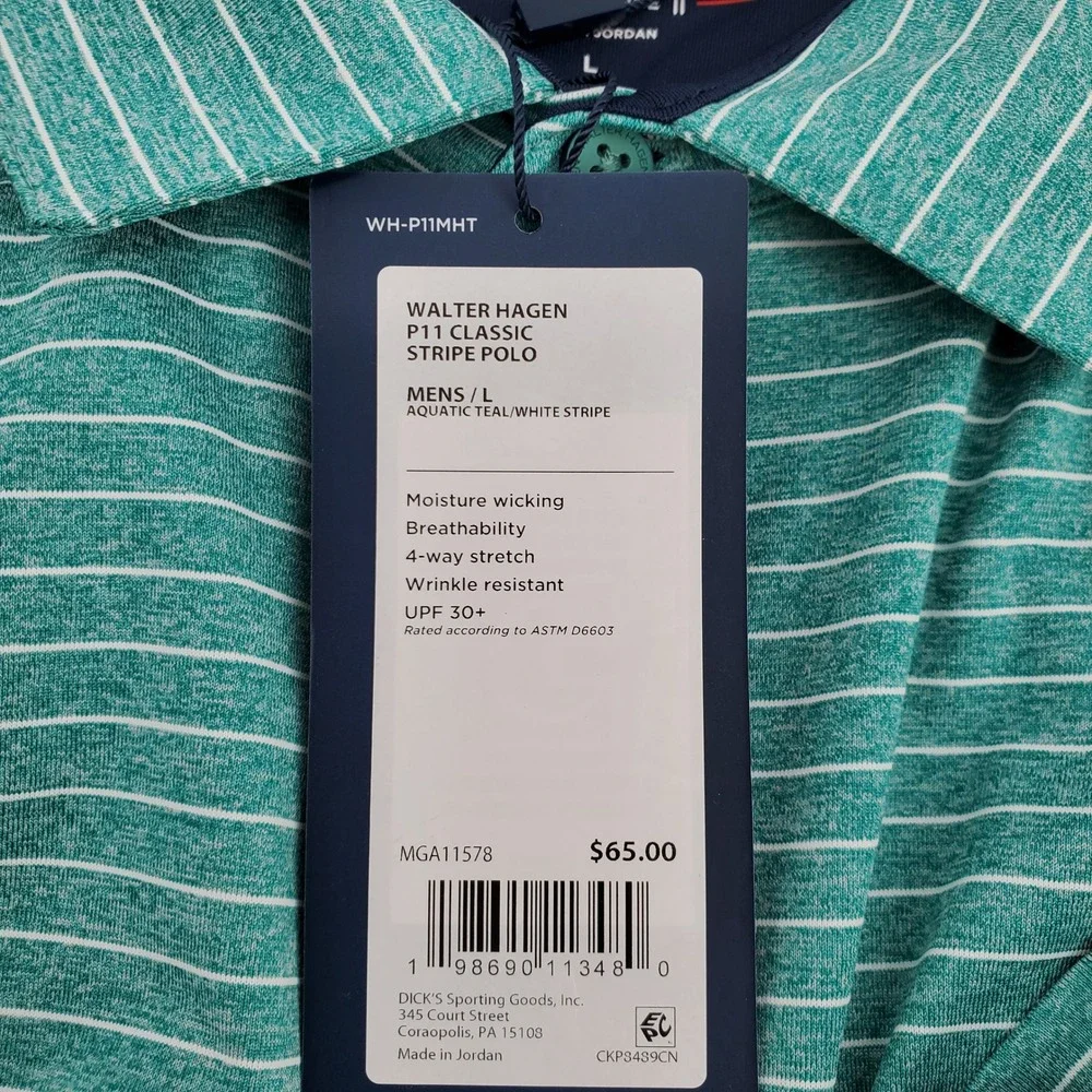Walter Hagen Mens Large Classic Stripe Polo Shirt Performance 11 Teal White Golf